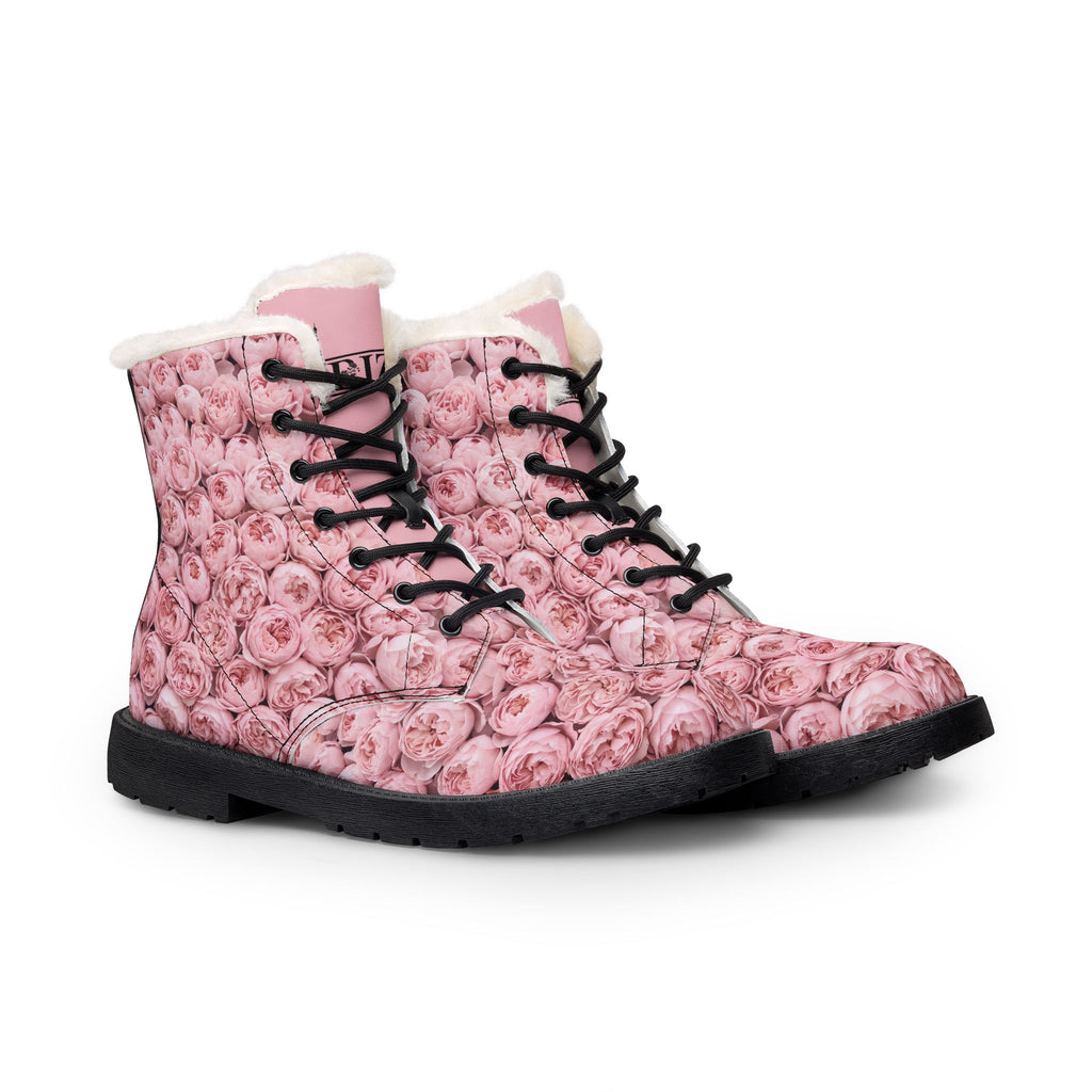 PARIZ Pastel Pink Peonies Women's Fur-Lined Leather Boots