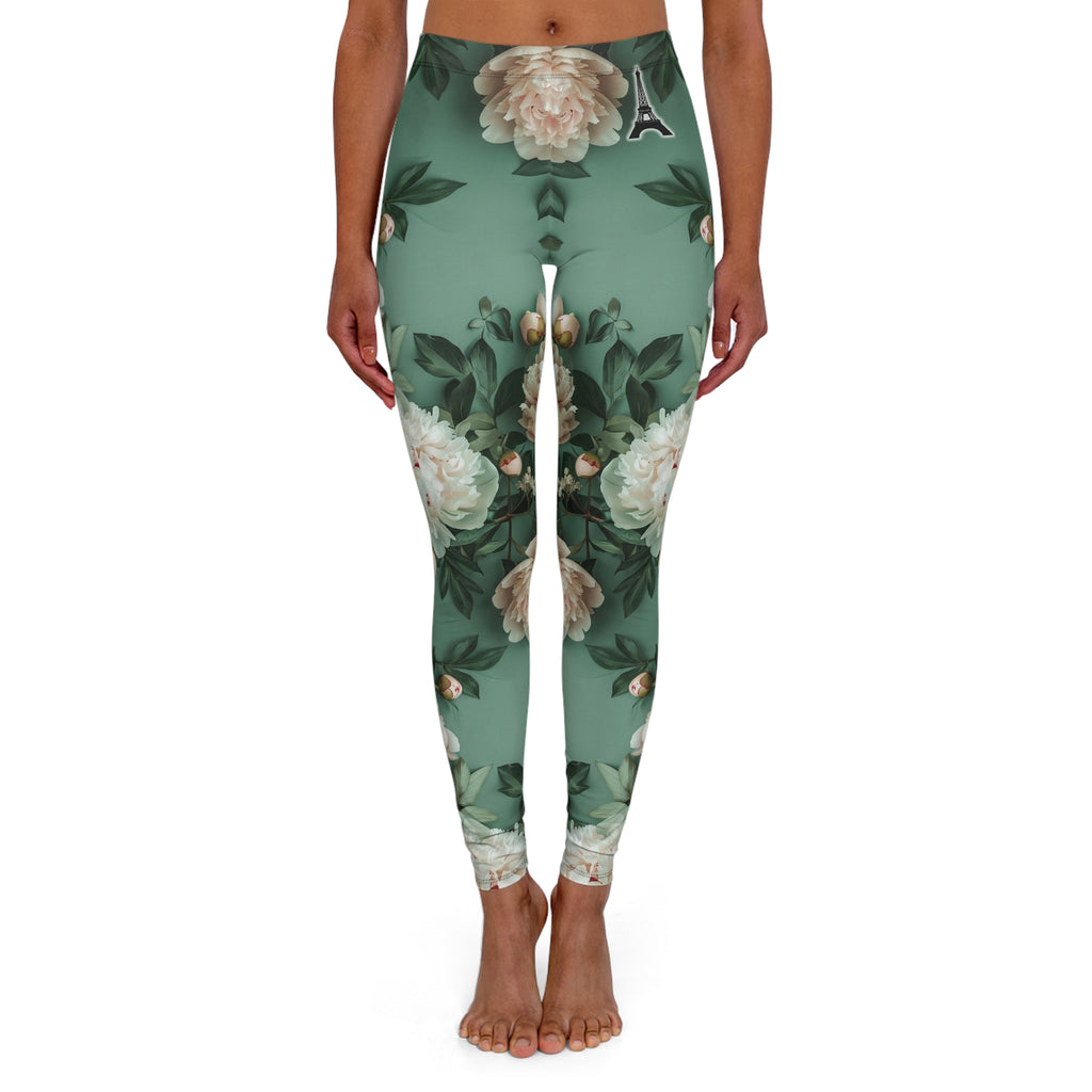 PARIZ Pale Blush and Creamy White Peonies Leggings (Black Logo)