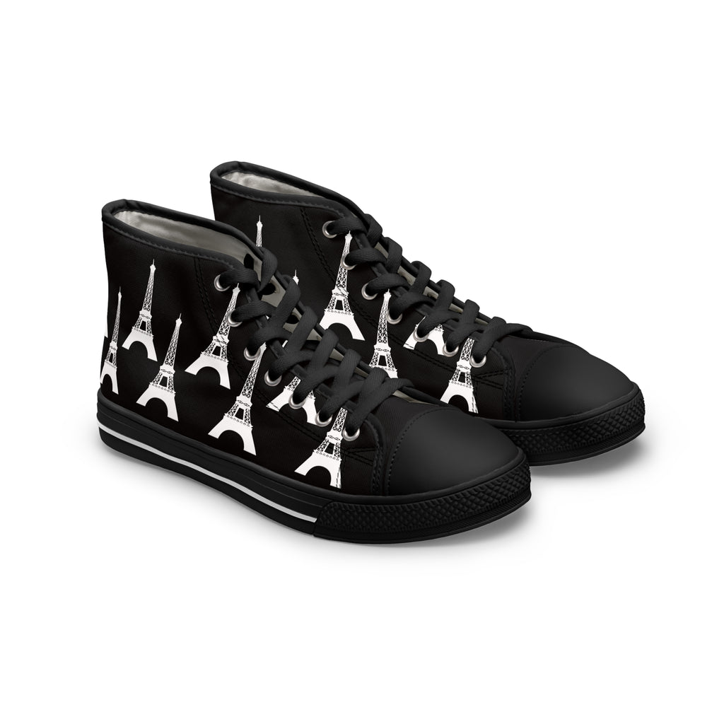 PARIZ Eiffel Tower Women's High Top Sneakers (Black with White)
