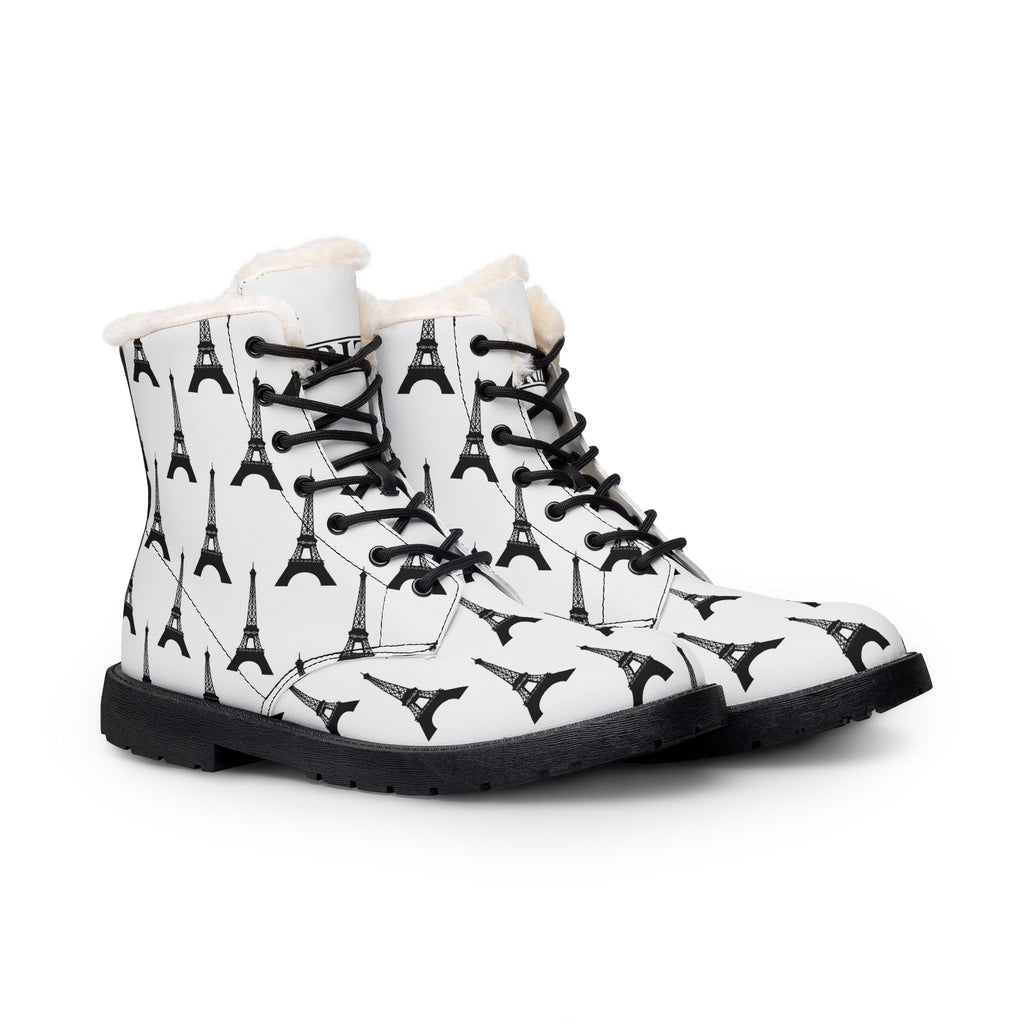 PARIZ Eiffel Tower Men's Fur-Lined Leather Boots (White with Black)