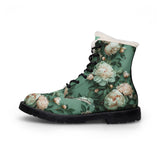 PARIZ Pale Blush and Creamy White Peonies Women's Fur-Lined Leather Boots