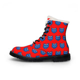 Blue Women's Red Fur-Lined Leather Boots (Red background)