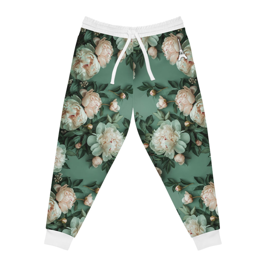 PARIZ Pale Blush and Creamy White Peonies Joggers (White Trim)