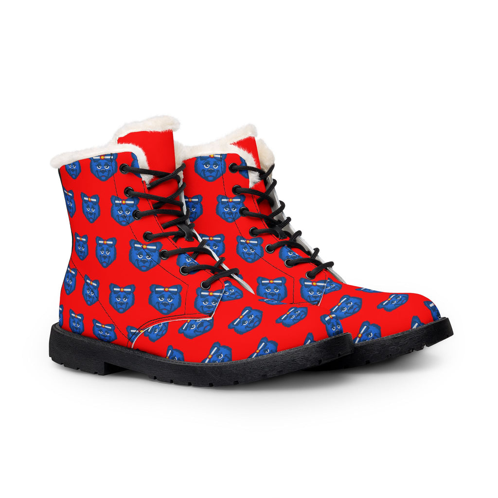 Blue Women's Red Fur-Lined Leather Boots (Red background)