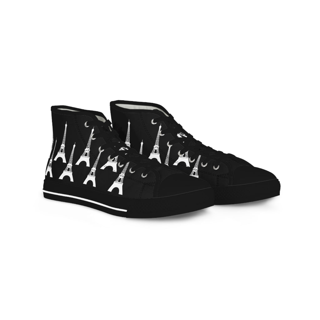 PARIZ Eiffel Tower Men's High Top Sneakers (Black with White)