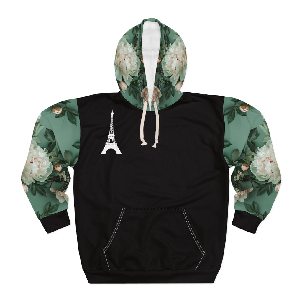 PARIZ Pale Blush and Creamy White Peonies Hoodie (Black with Peonies)
