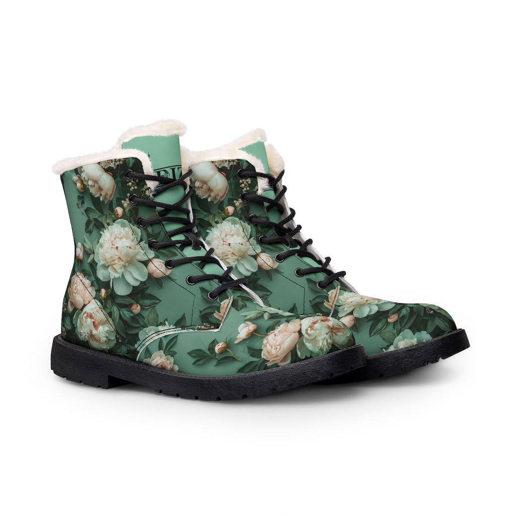 PARIZ Pale Blush and Creamy White Peonies Women's Fur-Lined Leather Boots