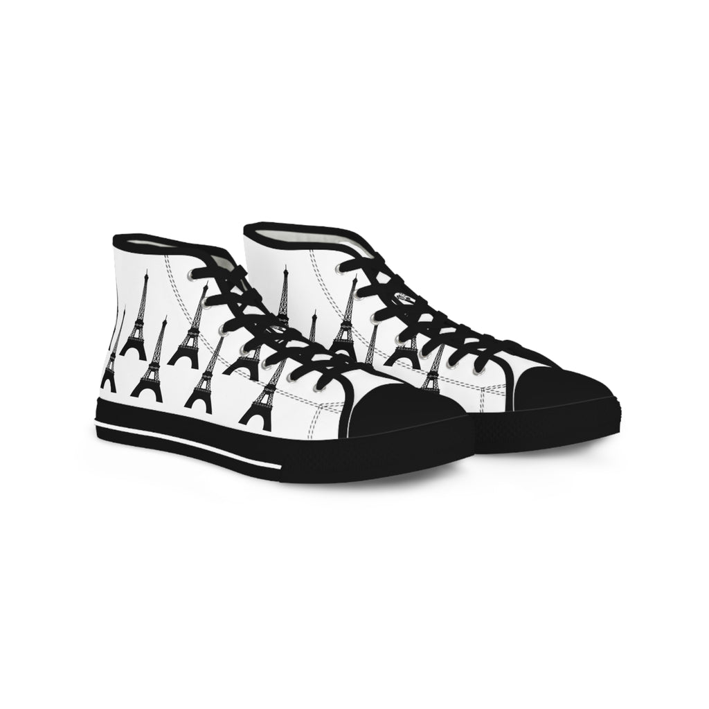 PARIZ Eiffel Tower Men's High Top Sneakers (White with Black)