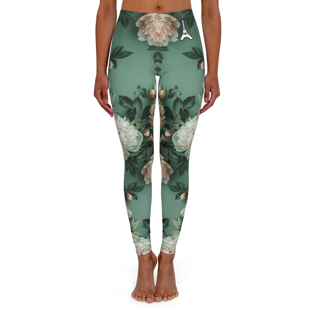 PARIZ Pale Blush and Creamy White Peonies Leggings (White Logo)