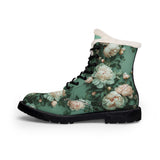 PARIZ Pale Blush and Creamy White Peonies Women's Fur-Lined Leather Boots
