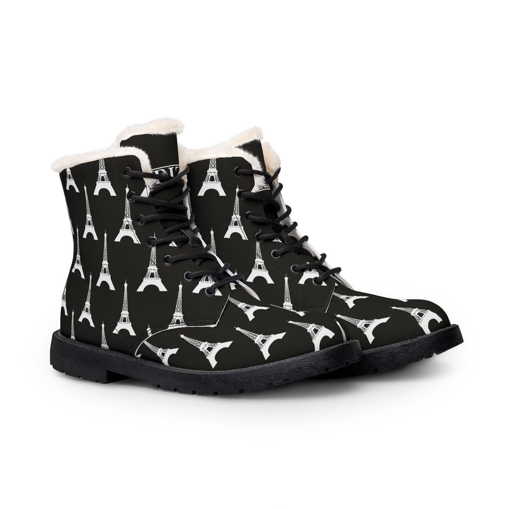 PARIZ Eiffel Tower Men's Fur-Lined Leather Boots (Black with White)