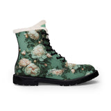 PARIZ Pale Blush and Creamy White Peonies Women's Fur-Lined Leather Boots