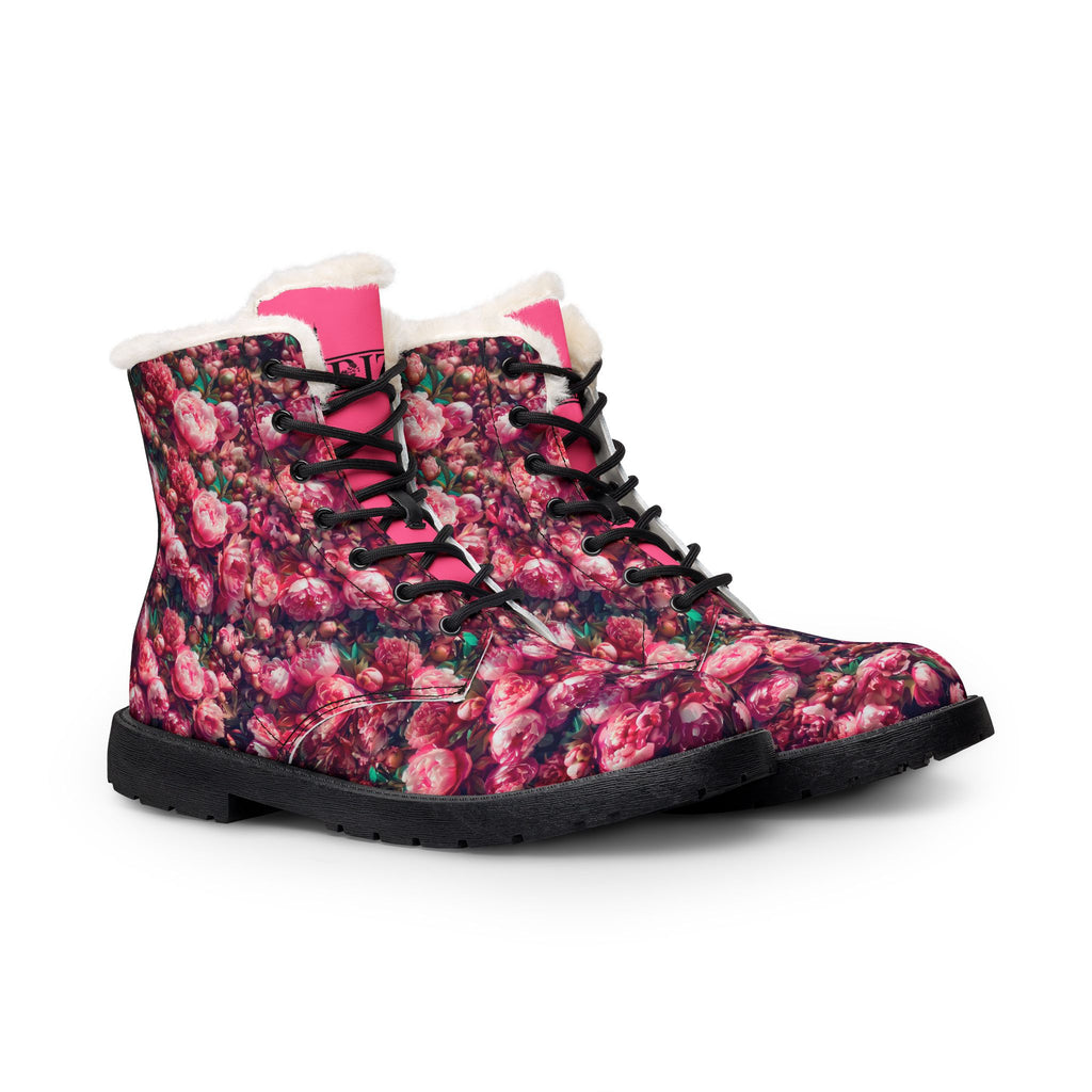 PARIZ Pink Peonies Women's Fur-Lined Leather Boots