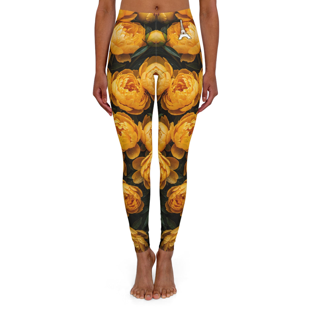 PARIZ Yellow Peonies Leggings (White Logo)