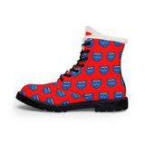Blue Women's Red Fur-Lined Leather Boots (Red background)