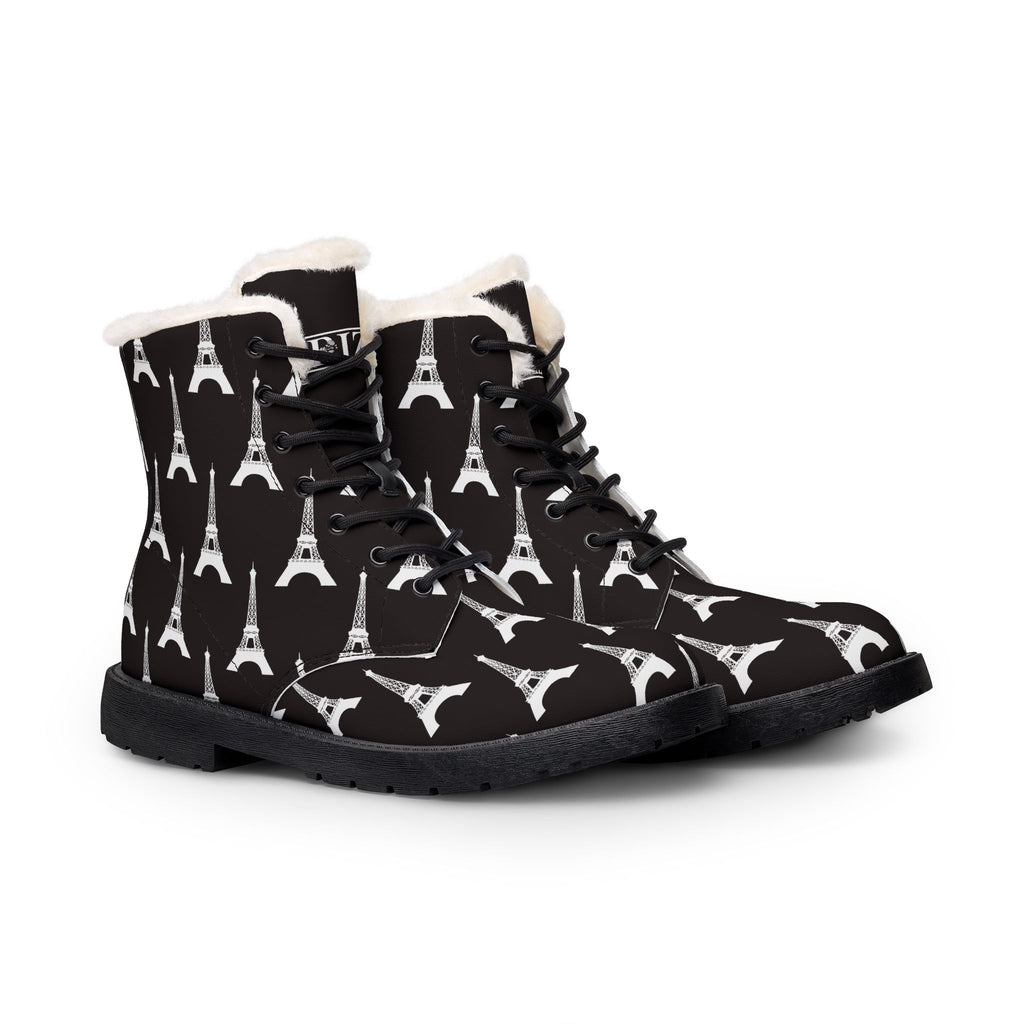 PARIZ Eiffel Tower Women's Fur-Lined Leather Boots (black with white)